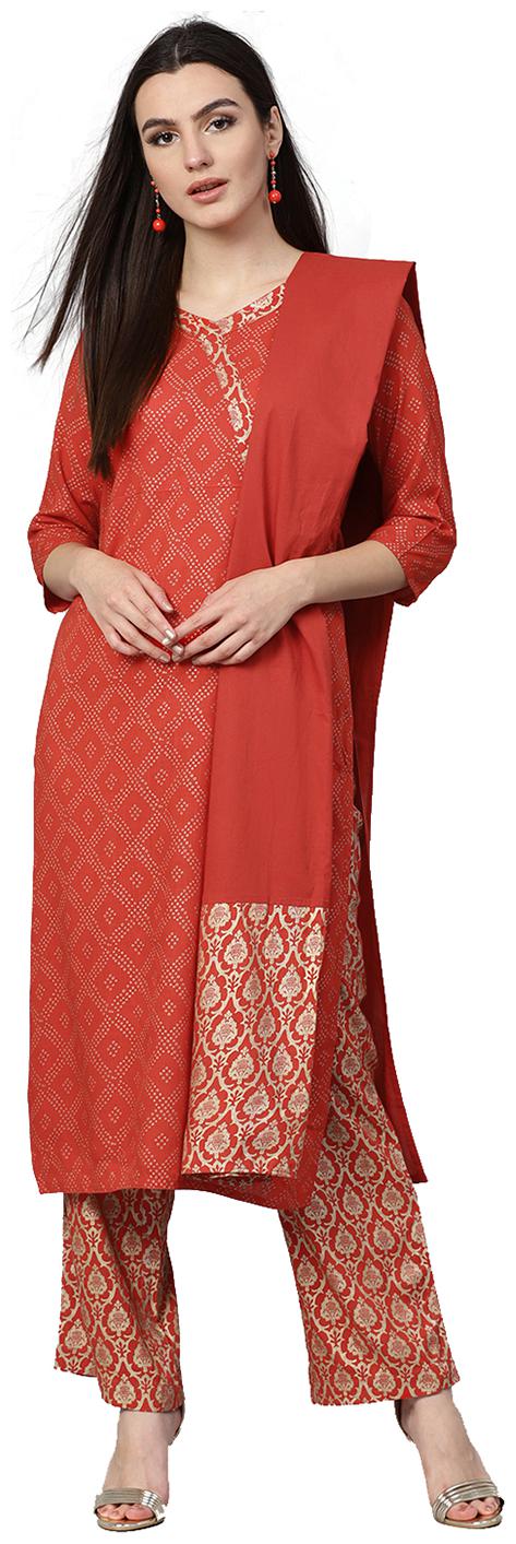 

Jaipur Kurti Women Rust Black Ethnic Motifs A-Line Cotton Kurta With Palazzo Dupatta