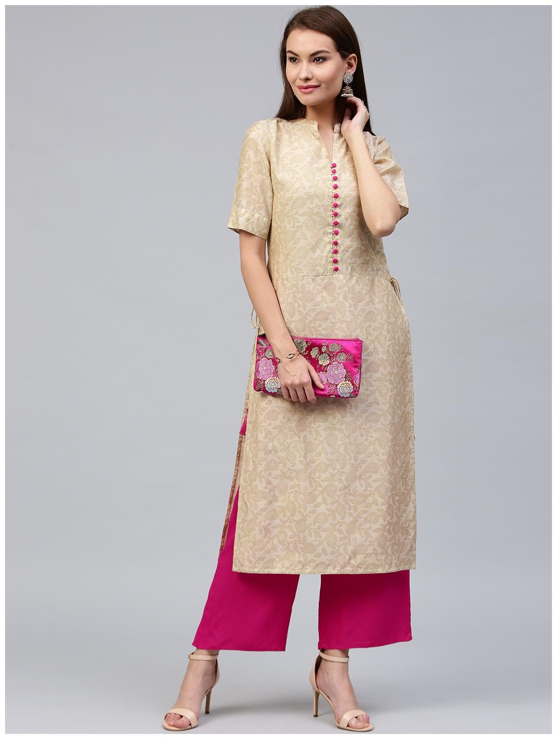 

Jaipur Kurti Women s Cream Pure Chanderi Jacquard Straight fit Long Kurta with Tassels Lining with Rani Palazzo