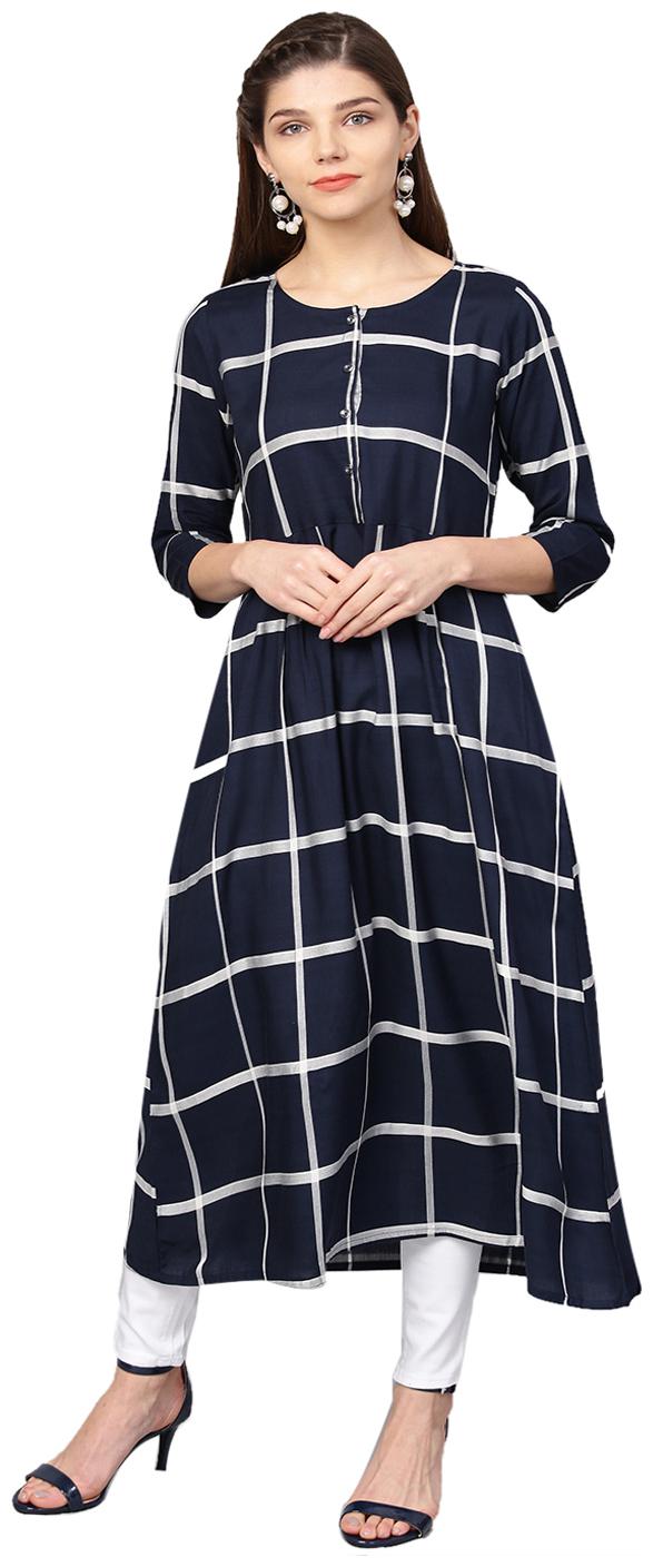 

Jaipur Kurti Women Navy Blue Geometric A-Line Yarn Dyed Rayon Kurta