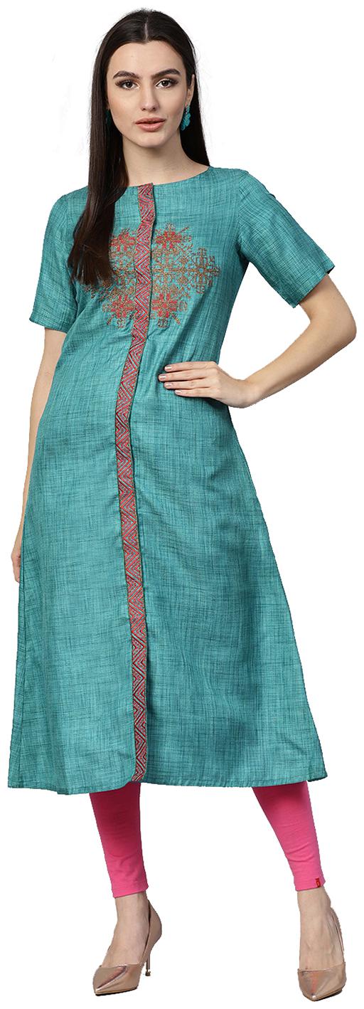 

Jaipur Kurti Women Turquoise Blue Solid A-Line Rayon Slub Kurta
