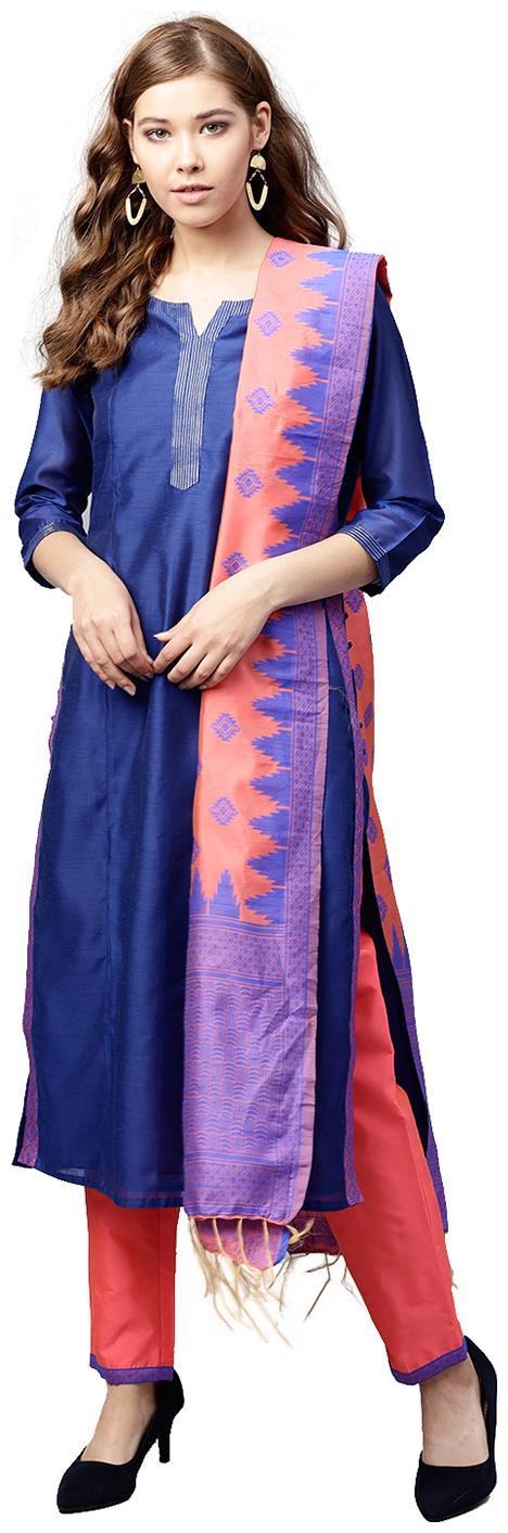 

Jaipur Kurti Women Blue Solid Straight Kurta With Pants And Dupatta