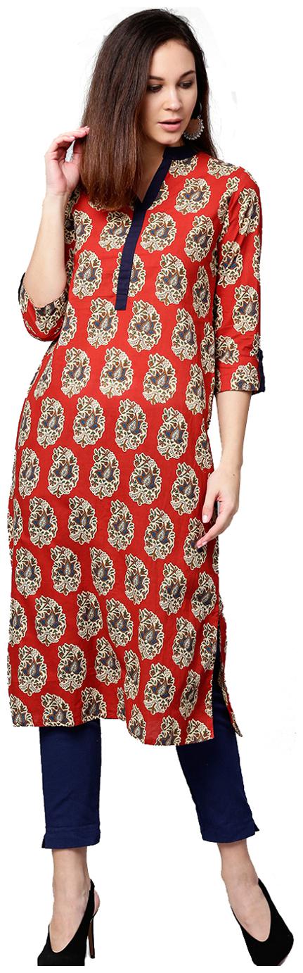 

Jaipur Kurti Women Rust Navy Blue Ethnic Motifs Straight Cotton Kurta With Pant