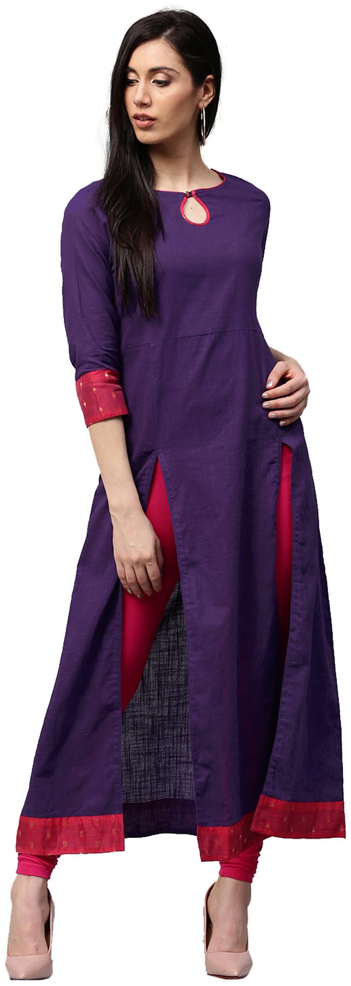 

Jaipur Kurti Women Purple Solid Cotton Slub Chanderi Fusion Kurta