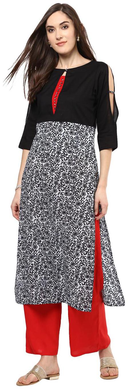 

Jaipur Kurti Black Floral Print Kurta With Red Palazzo Set