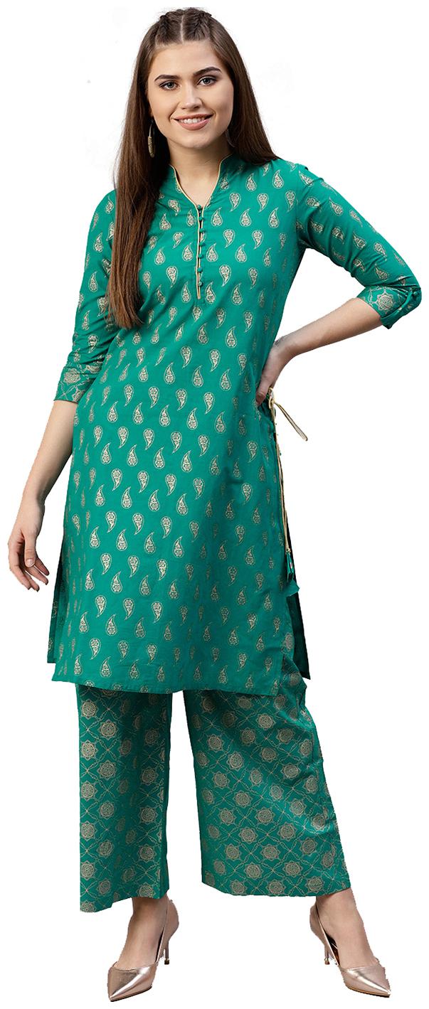 

Jaipur Kurti Women Sea Green Ethnic Motifs Straight Cotton Kurta with Palazzo