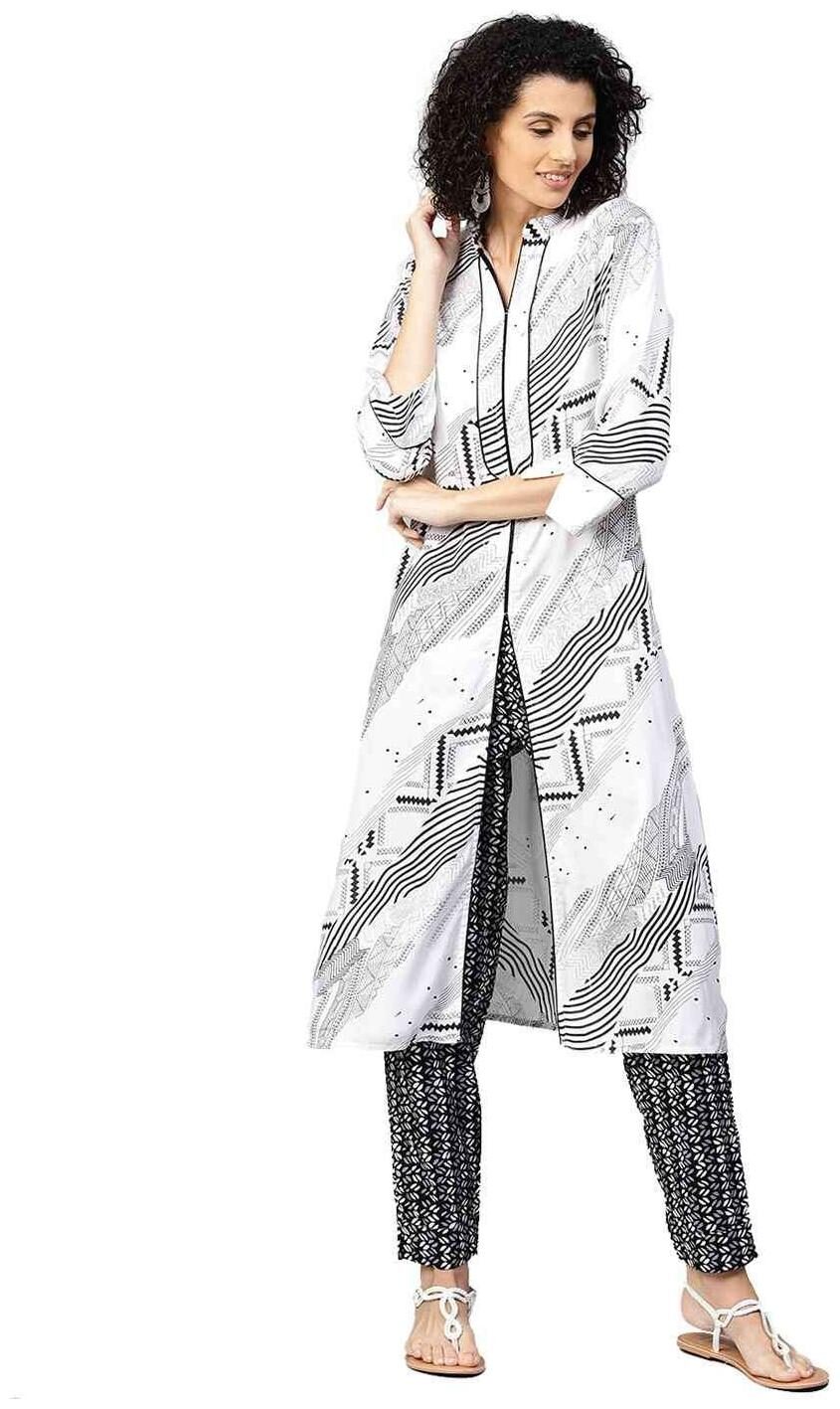 

Jaipur Kurti Women White Black Geometric A-Line Rayon Cotton Kurta with Pant