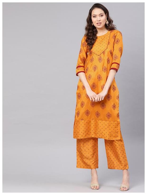 

Jaipur Kurti Women Mustard Ethnic Motifs Straight Kurta With Palazzo