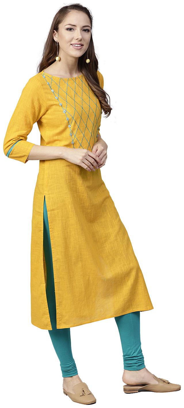 

Jaipur Kurti Women Yellow Embroidered Straight Kurta