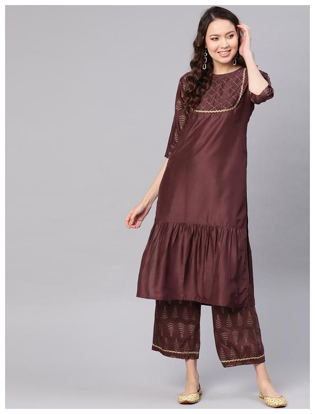 

Jaipur Kurti Women Satin Ethnic Motifs Kurta With Palazzo - Maroon