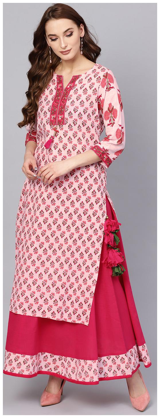 

Jaipur Kurti Women Pink Ethnic Motifs Straight Kurta With Skirt
