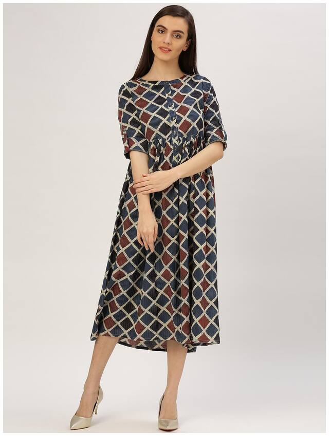 Jaipur Kurti Women's Indigo Geometrical Print Cotton Kantha Kurtis