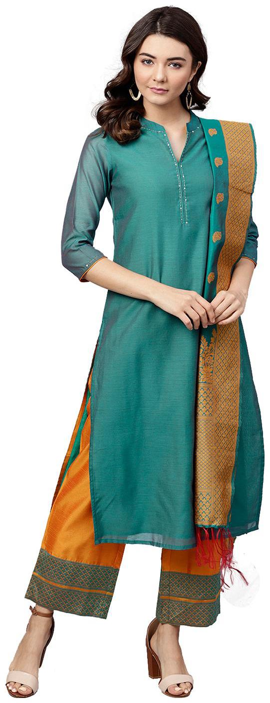 

Jaipur Kurti Women Blue Solid Straight Kurta With Palazzo And Dupatta