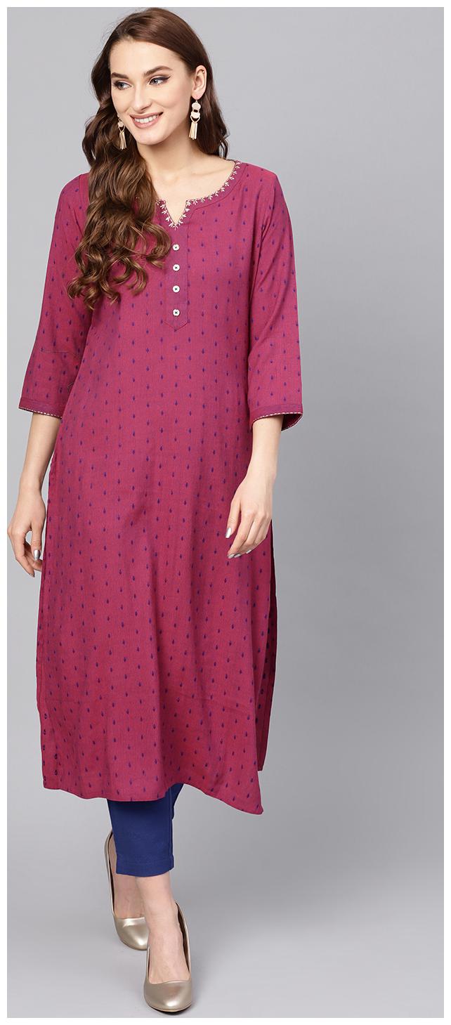 

Jaipur Kurti Women Pink Blue Geometric Embroidered Yarn Dyed Rayon Kurta with Pant