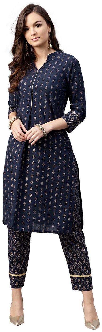 

Jaipur Kurti Women Navy Blue Ethnic Motifs Straight Cotton Kurta with Palazzo