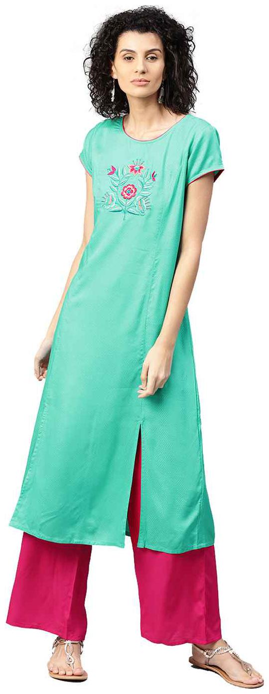 

Jaipur Kurti Women Turquoise Blue Fuchsia Embroidered A-Line Dobby Kurta with Palazzo
