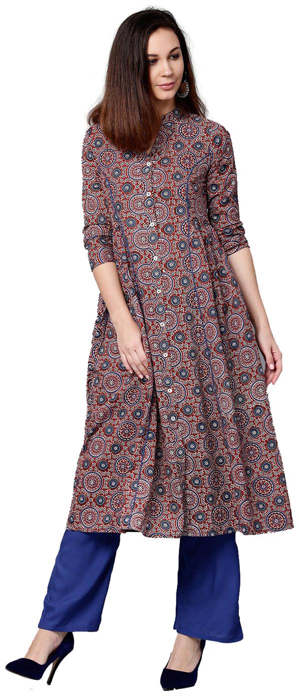 

Jaipur Kurti Women Maroon Blue Geometric Straight Cotton Kurta With Palazzo