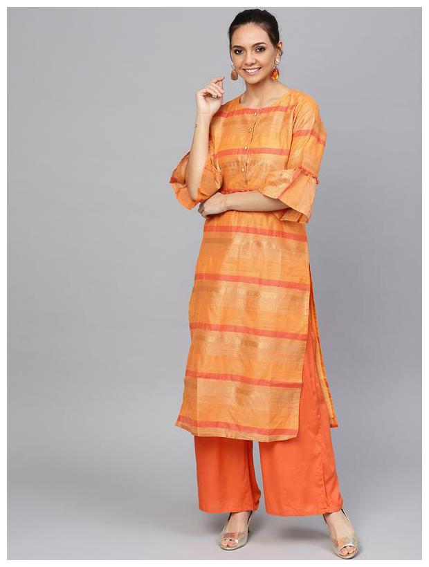 

Jaipur Kurti Women Orange Striped Straight Kurta
