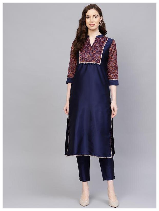 

Jaipur Kurti Women Navy Blue Ethnic Motifs Straight Kurta With Pants