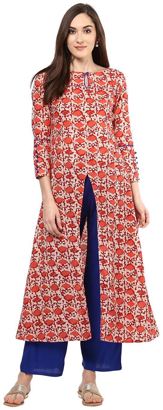 

Jaipur Kurti Women Pink Printed High Slit Kurta With Palazzo