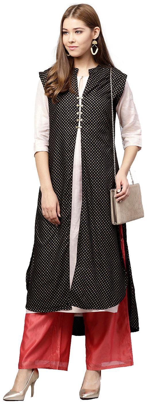 

Jaipur Kurti Women Black Geometric Straight Rayon Shrug