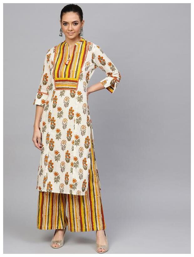 

Jaipur Kurti Women Mustard Ethnic Motifs Straight Kurta With Palazzo