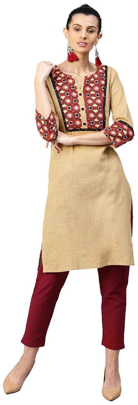 

Jaipur Kurti Women Beige Maroon Solid Straight Cotton Slub Kurta with Pant