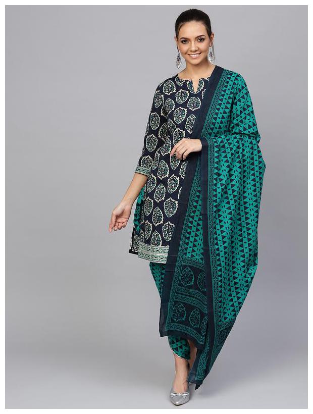 

Jaipur Kurti Women Cotton Ethnic Motifs Suit Set - Blue