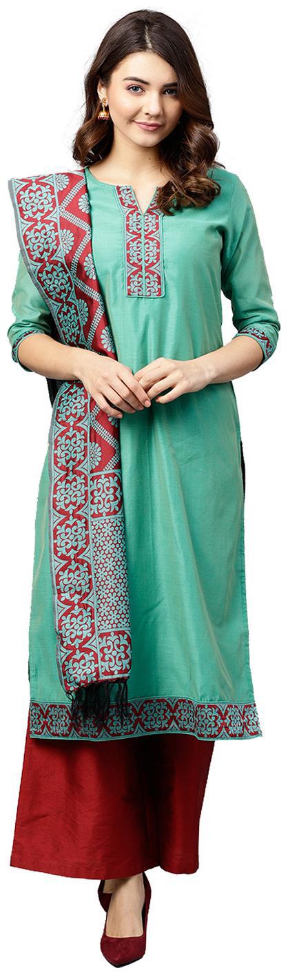 

Jaipur Kurti Women Green Solid Straight Kurta With Palazzo And Dupatta