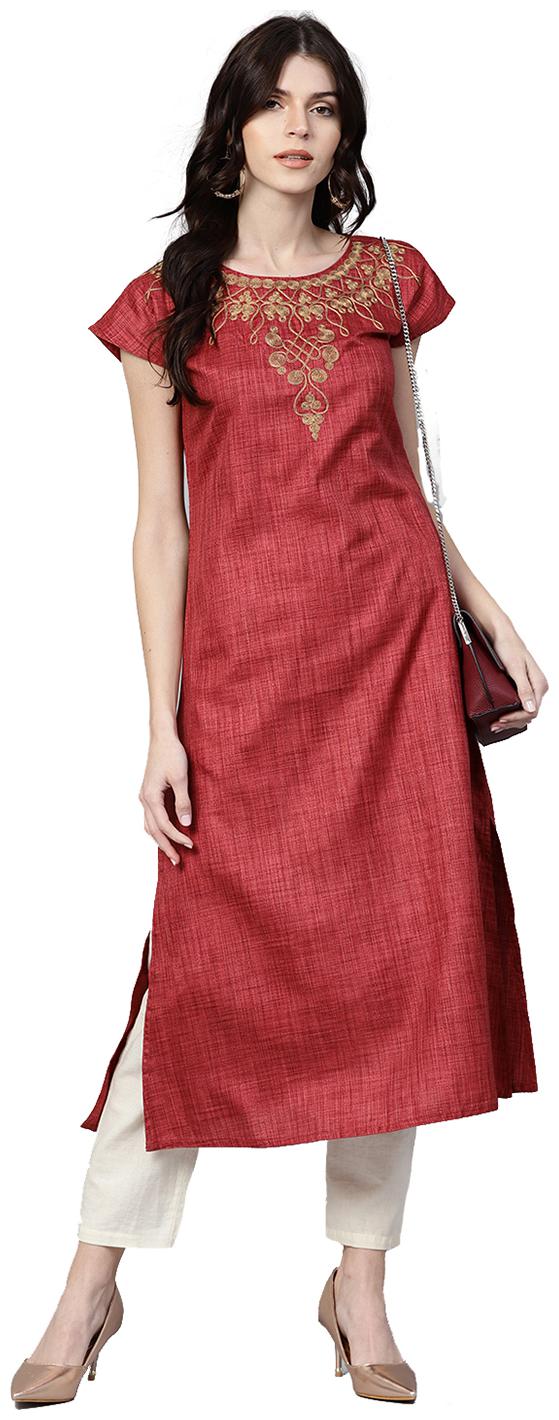 

Jaipur Kurti Women Rust Solid A-Line Rayon Slub Kurta