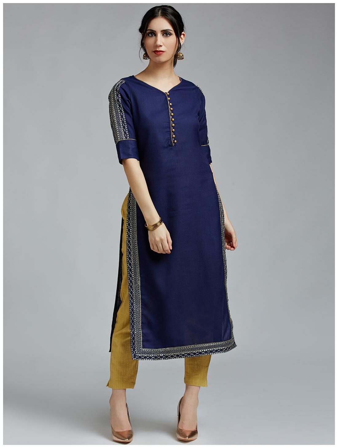 

Jaipur Kurti Women s Tussar Silk Navy Blue Kurta with Rayon Slub Gold Color Pants