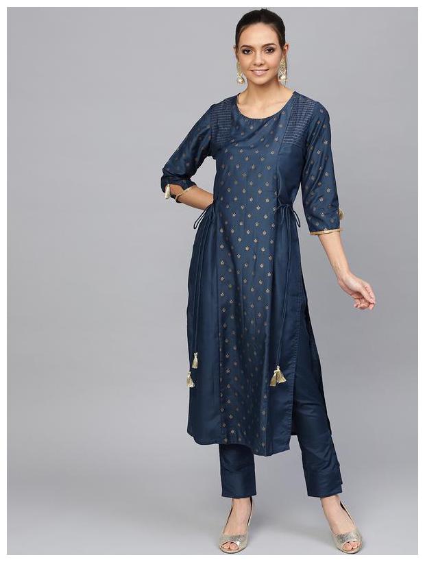

Jaipur Kurti Women Blue Printed Straight Kurta With Pants And Dupatta