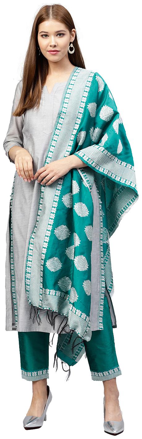 

Jaipur Kurti Women Grey Solid Straight Kurta With Pants And Dupatta