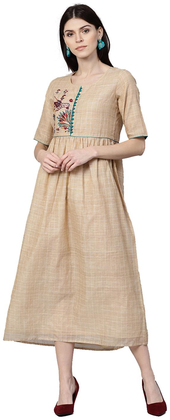 

Jaipur Kurti Women Beige Geometric A-Line Chanderi Kurti Dress