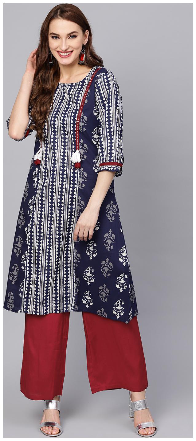 

Jaipur Kurti Women Multi Embroidered A-Line Cotton Kurta with Palazzo