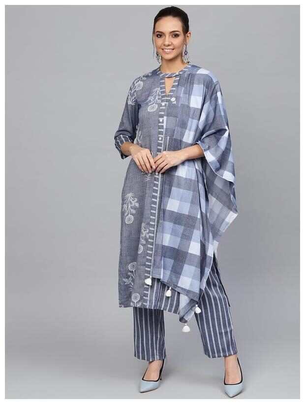 

Jaipur Kurti Women Rayon Floral Suit Set - Blue