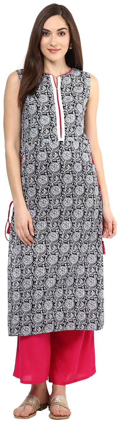 

Jaipur Kurti Black Block Print Kurta With Rani Palazzo Set