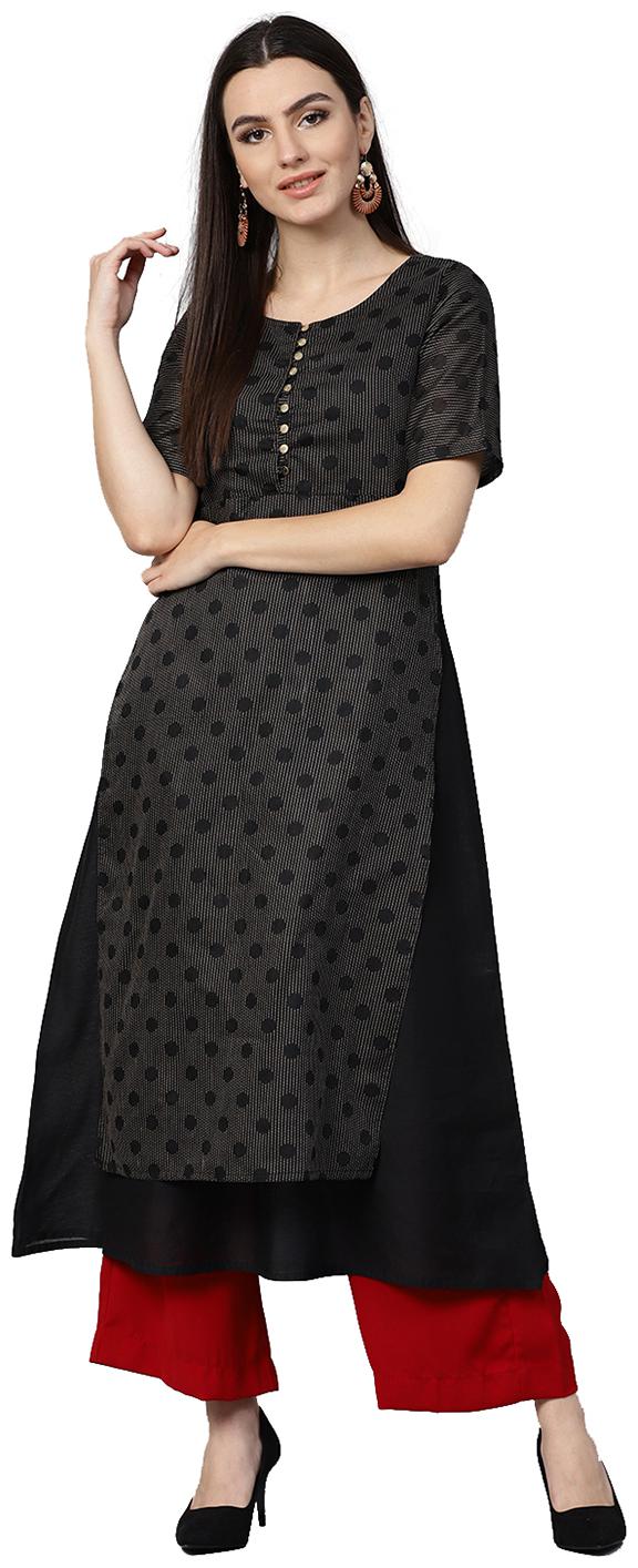 

Jaipur Kurti Women Black Stripes A-Line Chanderi Kurta