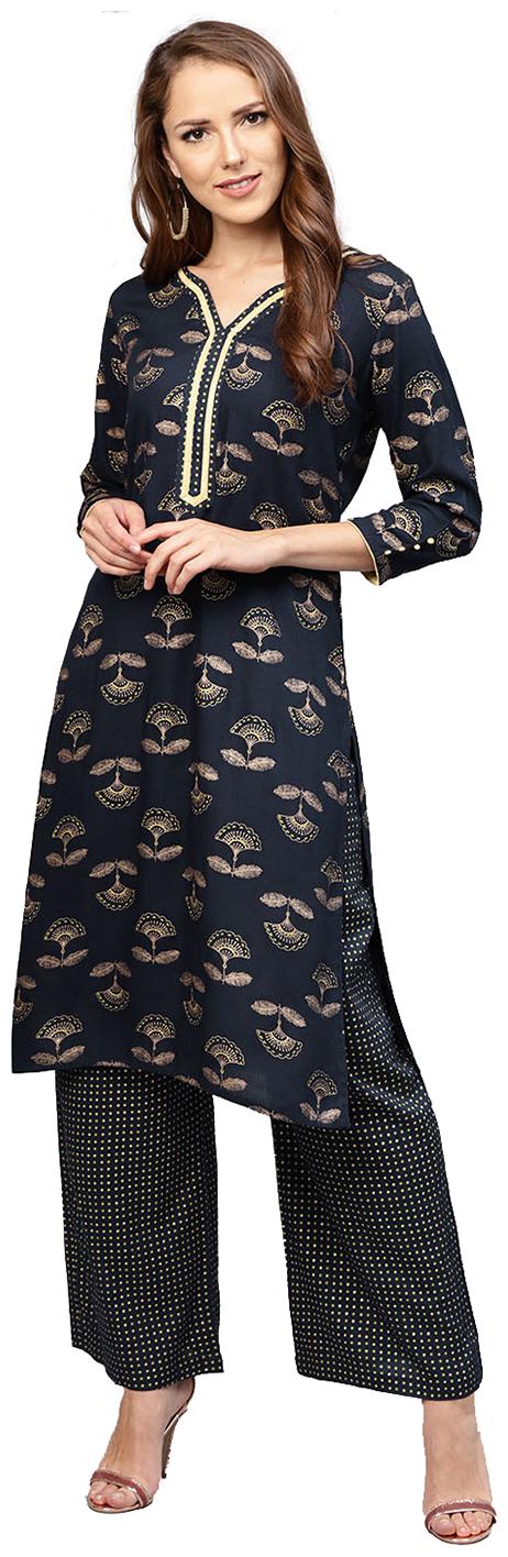 

Jaipur Kurti Women Navy Blue Ethnic Motifs Straight Rayon Kurta with Palazzo
