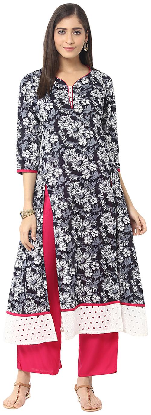 

Jaipur Kurti Black Rani Pink Embroidered Kurta With Palazzo Trousers