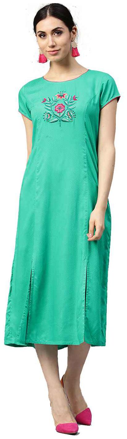 

Jaipur Kurti Women Turquoise Blue Embroidered A-Line Dobby Fusion Kurti
