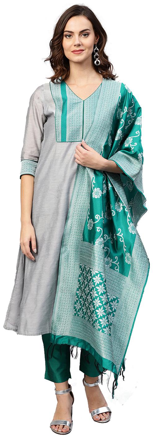 

Jaipur Kurti Women Grey Solid Straight Kurta With Pants And Dupatta