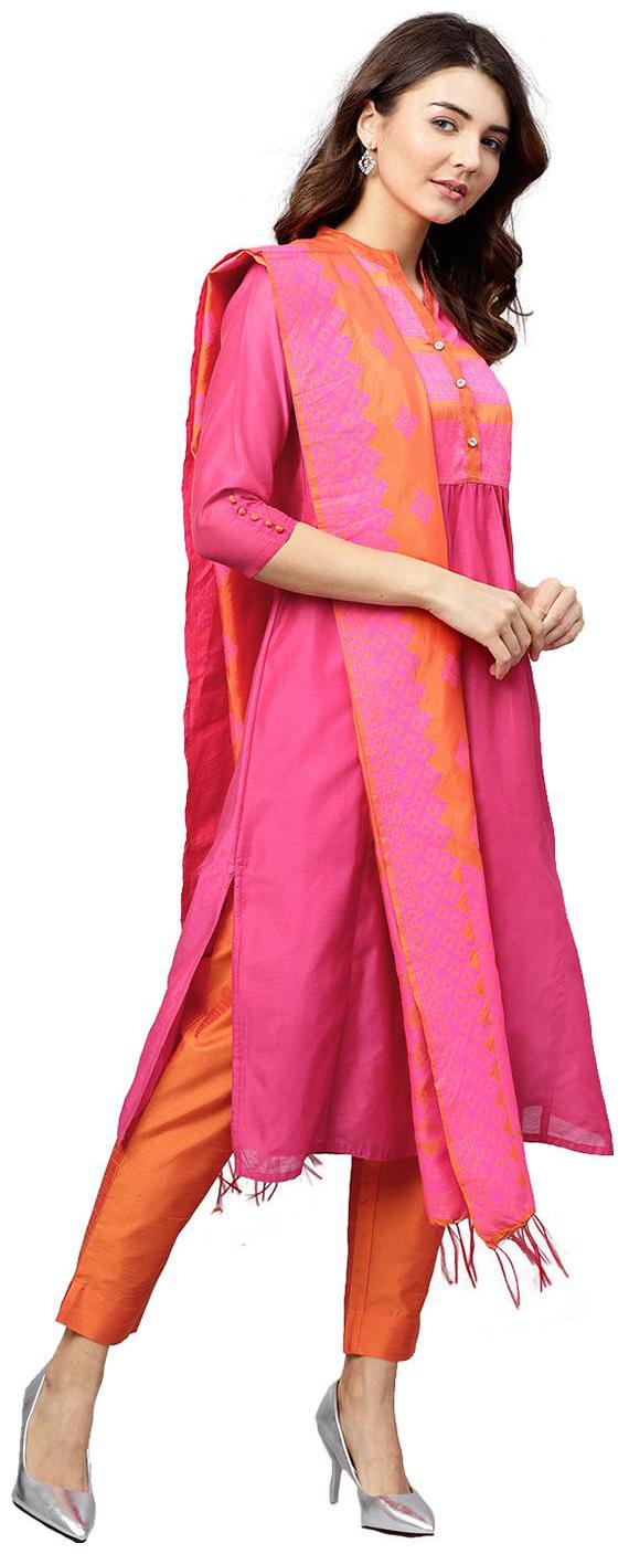 

Jaipur Kurti Women Pink Solid Straight Kurta With Pants And Dupatta