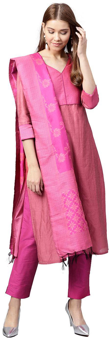 

Jaipur Kurti Women Pink Solid Straight Chanderi Kurta with Pant Dupatta