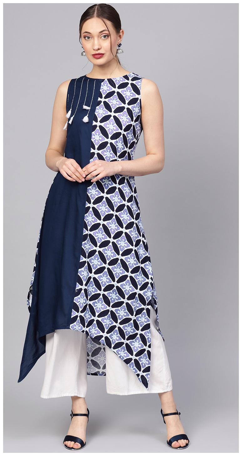

Jaipur Kurti Women Blue Printed Assymetrical Kurta