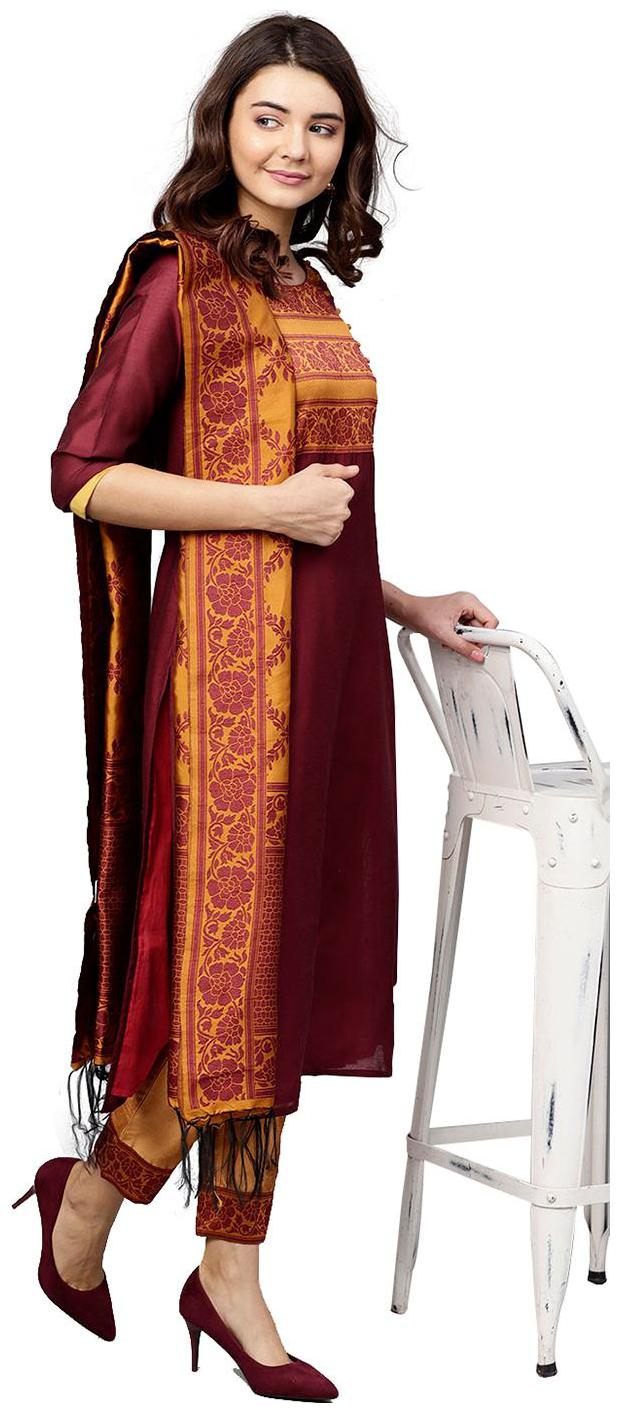 

Jaipur Kurti Women Maroon Solid Straight Kurta With Pants And Dupatta