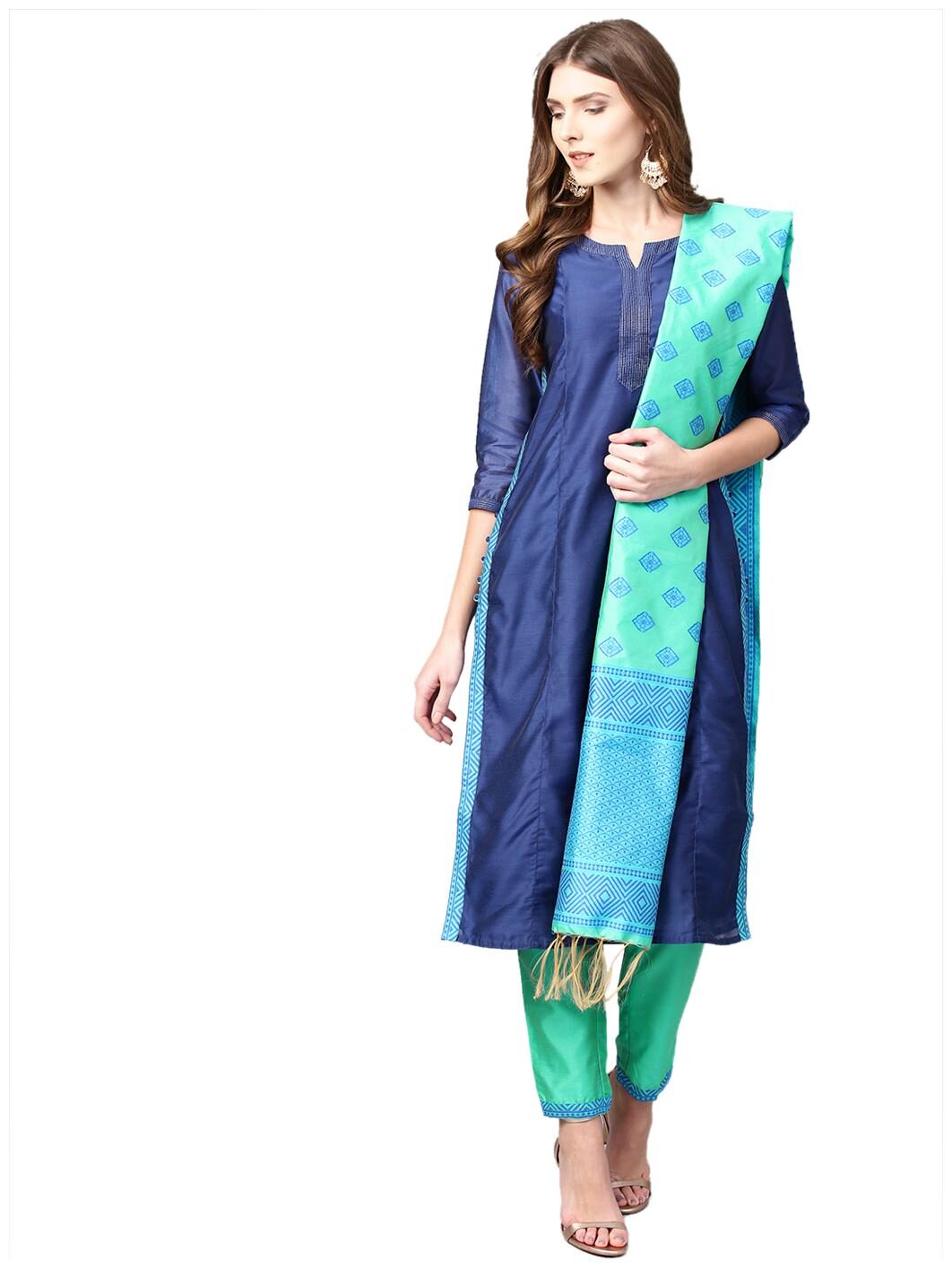 

Jaipur Kurti Women Blue Solid Straight Kurta With Pants And Dupatta