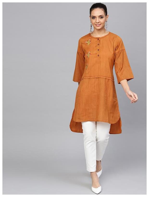 

Jaipur Kurti Women Mustard Embroidered Straight Kurta