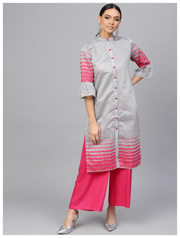 

Jaipur Kurti Women Grey Striped Straight Kurta