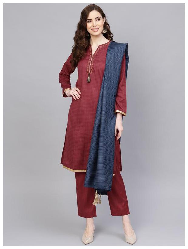 

Jaipur Kurti Women Maroon Printed Straight Kurta With Palazzo And Dupatta