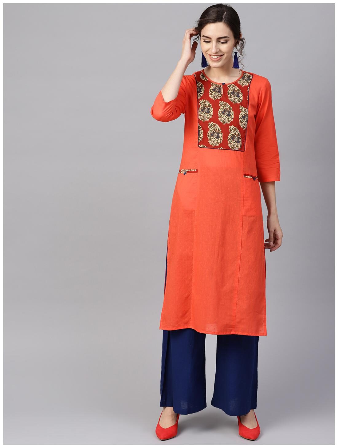 

Jaipur Kurti Women Orange Ethnic Motifs Straight Kurta